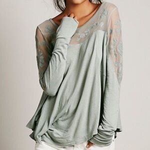 Free People New Romantics Sheer Lace Long Sleeve Blouse in Soft Sage Green